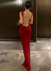 バックリボン真っ赤なロングドレス　パーティードレス　キャバドレス　ワンピース