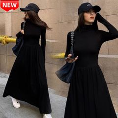 ✨新作✨ 高見え 上品 ロング丈 タートルネック ワンピース マキシ丈 黒 秋冬 長袖 大人可愛い フィット&フレア Aライン ポケット付き カジュアル きれいめ 通勤 デート M/L/XL