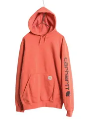 【お得なクーポン配布中!】 カーハート 袖 プリント スウェット フード パーカー メンズ S / 古着 CARHARTT トレーナー 裏起毛 プルオーバー ミドルウェイト オレンジ