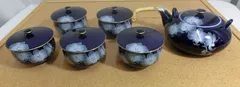 未使用品　香蘭社　ルリ胡蝶蘭　茶器　急須　蓋付き湯呑み　5客　R1202-AF