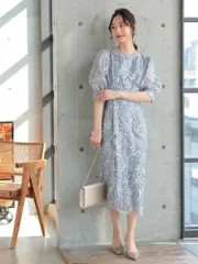 ライトグレー【haremode ハレモード】刺繍レース/ コクーンシルエット/ セミタイト/ 七分袖/ 背中編み上げ/ バックファスナー/ ミディドレス/ 結婚式/ ワンピース [321157] S/M/L