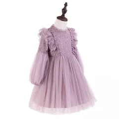 ☆ パープル ☆ 130cm ☆ ドレス ワンピース フォーマル 発表会 キッズ ワンピース 子供 フォーマル フォーマルドレス 長袖ワンピース フォーマルワンピース 女の子 かわいい おしゃれ ラウンドネック メッシュパフスリーブ 長袖 ピアノ発表会