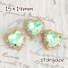 【 3個 】 15×14mm ガラス製 ハート センターパーツ ストーン ビジュー カボション グリーンオパール×ゴールド