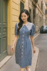 ヴィンテージ 青 チェック ワンピース (レースカラー ／ パフスリーブ)