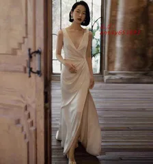 ウェディングドレス カシュクール ウエディングドレス スレンダーライン 袖なし ノースリーブ バックオープン 白 ロング丈 スリット 大きいサイズ 背中あき ant4y653693