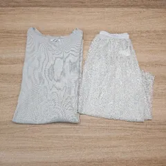 ◇ GLOBAL WORK ニット シンプル 裾リブ 花柄レース 重ね着 長袖 ひざ丈 ワンピース サイズM グレー レディース E  【1305180024822】