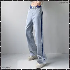配色ストレートデニムパンツ ハイウエストジーパン レディース バイカラー セミワイドパンツ サイドライン 着やせボトムス カジュアル 美脚オールジーンズ 韓国風体型カバー長ズボン ロングパンツ 脚長 大人コーデジーパン
