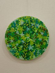 丸い緑だらけの作品　画家　小楠アキコ　20×20cm　丸いキャンバス