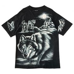 M 90s ヴィンテージ USA製 Hanes BEEFY-T オオカミ 夜空 月 ビック 両面 プリント コットン シングルステッチ フェード ブラック ホワイト