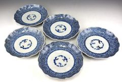 旧家収蔵品 極上古伊万里 染付蛸唐草文様皿 五枚 特注共箱 希少銘 「筒