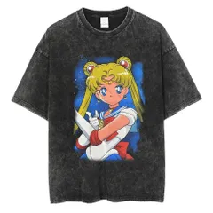 【90s复古】高級水洗い加工 セーラームーン プリントTシャツ ヴィンテージ加工 メンズ ユニセックス ストリート系 ブラック7