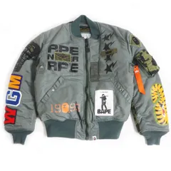 美品□A BATHING APE×ALPHA INDUSTRIES エイプ アルファ 001HJG231908X カモフラ SHARK ボンバージャケット/MA-1 カーキ系 M 正規品 希少のサムネイル