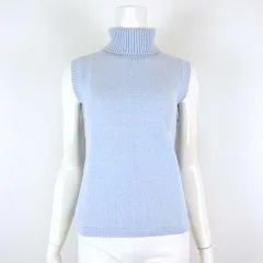 クレージュ courreges ニット セーター アンゴラ ウール ノースリーブ タートルネック ロゴ 刺繍 L 11 水色 ライトブルー 美品