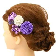 髪飾り 成人式 つまみ細工 振袖 前撮り 袴 浴衣 夏祭り 花火大会 豪華3点セット 紫 薄紫 白 ちりめん パール ヘアアクセ 新作 No.9-4152