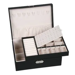 ブラック Shopwithgreen ジュエリーボックス 大容量 2段 ジュエリー収納 宝石箱 レザージュエリーケース アクセサリーボックス ピアス・指輪・ネクスト収納 小物入れ 鍵付き 贈り物 レディース クリスマスプレゼント (ブラック)