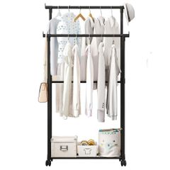 【新着商品】20kg 総耐荷重 小さめサイズ 省スペース ちょい掛け用 大容量 キャスター付き 移動楽々 2段 ダブル 組み立て簡単 ハンガーラック (ブラック) D.Stomo