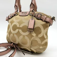 【良品】 COACH コーチ ハンドバッグ ショルダーバッグ シグネチャー ベルト キーホルダー付き キャンバス レザー 革 ベージュ 肌色 ピンク ユニセックス 男女兼用 メンズ レディース