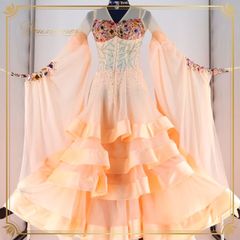 社交ダンス 衣装 スタンダードドレス スタンダード ドレス ワンピース フロート フリル レース ピンク系 デモ 競技 ダンス 発表会 パーティ サーモンピンク パーティードレス かわいい 発表会用