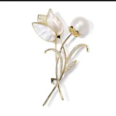 チューリップ真珠貝殼ブローチ真珠ジルコンコサージュ綺麗な胸飾り入学式卒業式結婚式