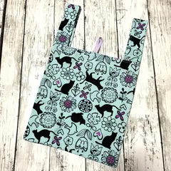 ★セール品(現品限り) 猫柄エコバッグ ブルー 収納ゴム付き 洗濯可 やや厚手生地