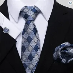 ネクタイ ポケットチーフ　チーフ　カフスボタン カフス　3点セット　ストライプ柄　格子柄 結婚式 パーティー イベント　ビジネス ネイビー　紺　シルバー 銀色 スーツ ワイシャツ 格安 小物 メンズネクタイ 3点 セット