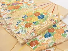 豪華 袋帯 唐織 カラフルな大柄の花紋 金糸 六通 正絹 着物 RO-1310 袋帯 美品 秀品 華文 鳳凰 唐織 金糸 金色 六通 正絹｜中古