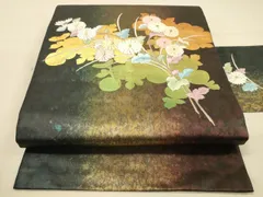 平和屋着物◎九寸名古屋帯　総刺繍　枝菊　黒地　金糸　引箔　正絹　逸品　DAAX6331jm