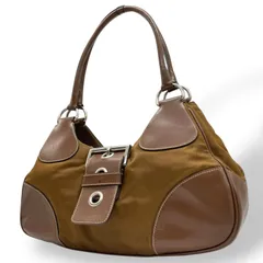 美品 PRADA プラダ 三角ロゴプレート ハンドバッグ ワンショルダー ナイロン レザー 茶 ブラウン シルバー金具 ホーボー 肩掛け可 ベルト レディース K12