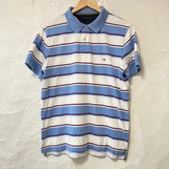 (^w^)b TOMMY HILFIGER トミーヒルフィガー slimfit コットン100% ハーフボタン 半袖 ポロシャツ ロゴ刺繍 ボーダー柄 カジュアル トップス ライトブルー×ホワイト メンズ 男性 サイズ L