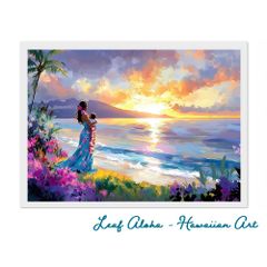 ハワイアンアート 額付き A4｜母と子、祈りのサンセット No.21 Leaf Aloha