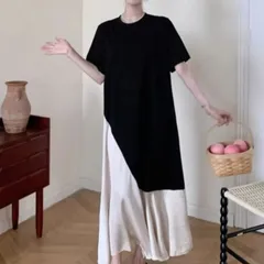 【新品】配色切替大きいサイズレディースゆったりロングワンピース夏　半袖　薄手　体型カバー通勤通学旅行