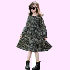 Size:130_Color:ブラック＋長袖 [美瑛屋] 子供服 可愛い花柄 ワンピース 長袖 女の子 春 秋 冬 小花柄 フリル袖 フレア 韓国服 発表会 結婚式 お呼ばれ 普段着 旅行 七五三 フォーマル カジュアル ブラック 130