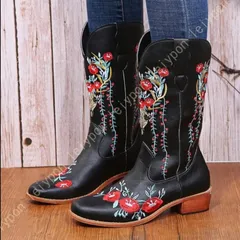 ウエスタンブーツ ウエスタン カントリーダンス カウボーイ 刺繍 ロングブーツ 女性用 本革調 茶色 花柄 ブラウン スクエアトゥ ジョッキーブーツ