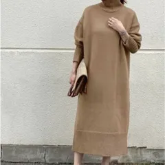 ADAM ET ROPE アダムエロペ タートルバックスリットニットワンピース  ワイドリブ ベージュ