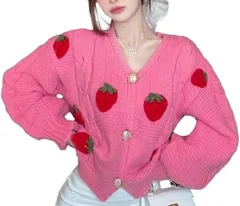 1/2style カーディガン イチゴ 柄 羽織 モチーフ 編み レッド 可愛い レディース( ピンク,  XL)