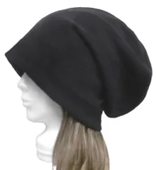 ◇送料無料◇ ハンドメイド◆ロングルーズワッチキャップ◆コットンパイルニット／ブラック ◇ゆったりサイズ・小顔効果・オールシーズン着用◇