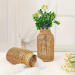 花瓶 花器 おしゃれ ボヘミアンガラス花瓶 籐カバー付き 農家の花つぼみ花瓶 ラウンド装飾花瓶 花容器 フラワーボトル フラワーアレンジメント 新築祝い パーティー ホームデコレーション用 おしゃれ デスク ダイニングテーブル装飾