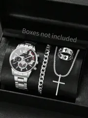 腕時計 メンズ セット メンズ 4点セット ステンレスバンド ビジネスファッション 数字ダイヤル クォーツ腕時計 + ブレスレット + クロスネックレス + クロスリング、時計箱なし
