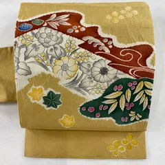 名古屋帯 美品 名品 紬地 草花 霞 絞り 黄土色 正絹 【中古】