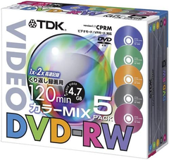 TDK DVD-RW録画用 1~2倍速対応カラーミックス 10mm厚ケース入り5枚パック [DVD-RW120X5MF] ::89330