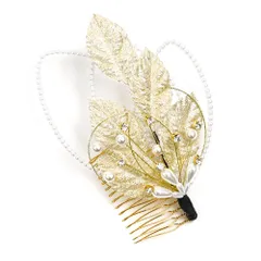 髪飾り コーム型 水引 ラインストーン パール ゴールド 白 キラキラ ラメ リーフ 葉 丸 円 サークル 小さい かんざし かわいい No.9-3417