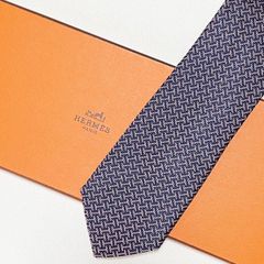美品 エルメス HERMES ネクタイ シルク100% フランス製 ネイビー パープル系 H柄 TTH-8