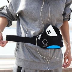 ▲【新品】2WAY ボディバッグ ウエストポーチ ランニングバッグ 男女 斜め掛け＜黒×水色＞軽量 防水 メンズ レディース キッズ ユニセックス ジョギング  ウォーキング 散歩 トレーニング ジム 旅行 ミュージックプレーヤー イヤホン ブラック ブルー