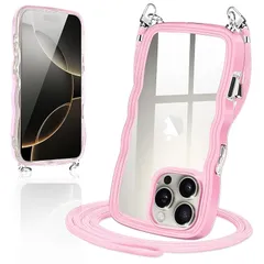 iPhone16 Pro 用 ケース ショルダー クリア TPU カバー いPhone 16 プロ スマホケース 創意 個性 肩掛け 首掛け 斜めかけケース 可愛い かわいい 韓国 透明 薄型 耐衝撃 アイフォン16Pro(桜 ピンク)