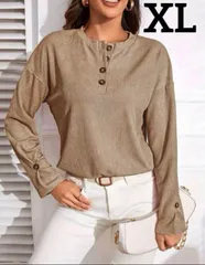 【新品/XL】リブ ボタン フロント Tシャツ Vネック レディース トップス ゆったり 大きめ 無地 カジュアル