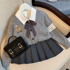 120☆130☆140☆ キッズフォーマル4点セット カーディガン 女の子 制服 グレー スカート リボン 卒業式 入学式 卒園式 入園式 謝恩会 結婚式 発表会 パーティー ダンス衣装 JK 女子高生 英国風 くま刺繍 上品 おしゃれ 韓国