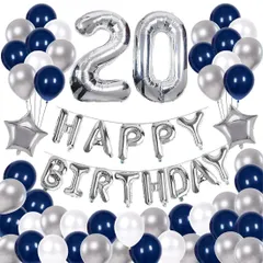 【在庫処分】68枚 20歳 誕生日 飾り付け セット 数字バルーン 組み合わせ 「HAPPY BIRTHDAY」バナー ブルー シルバー 風船 誕生日 デコレーション 男の子 女の子 飾り付け