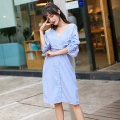 シャツ ストライプ柄 ボリューム袖 ワンピース シンプル【0917】