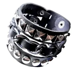 【新着商品】メンズ ブラックカラー レディース ユニセックス レザー バイク バイカー チェーン ロック パンク スタッズ メタル 地雷系 3パターン V系 ヴィジュアル ブレスレット コスプレ 衣装 [P-Rize] ステージ