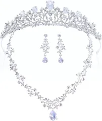 Ｕｃｃｅｌｌｉｎｏ ジルコニア ティアラ ネックレス 3点セット ヘアピン付属 付け方解説書付き 結婚式 ウェディング コスプレ( シルバー,  free)